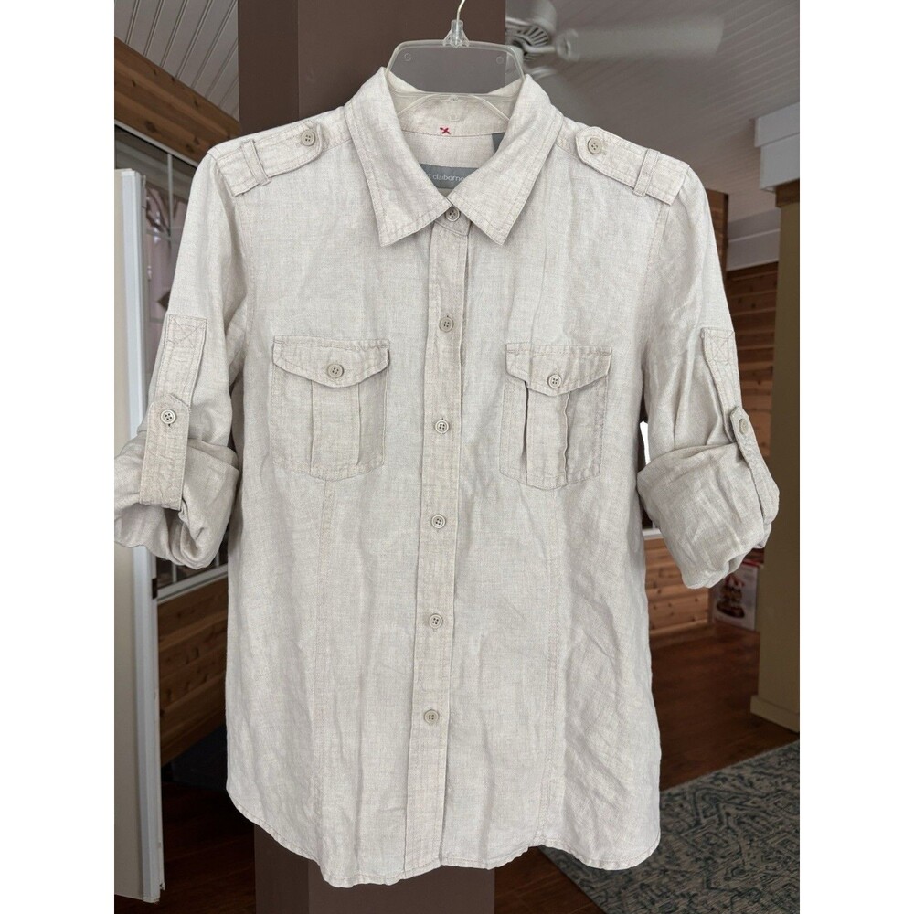 Liz Claiborne 100% Linen Top Women M Tan Sand Long Roll Sleeve Natural Minimal